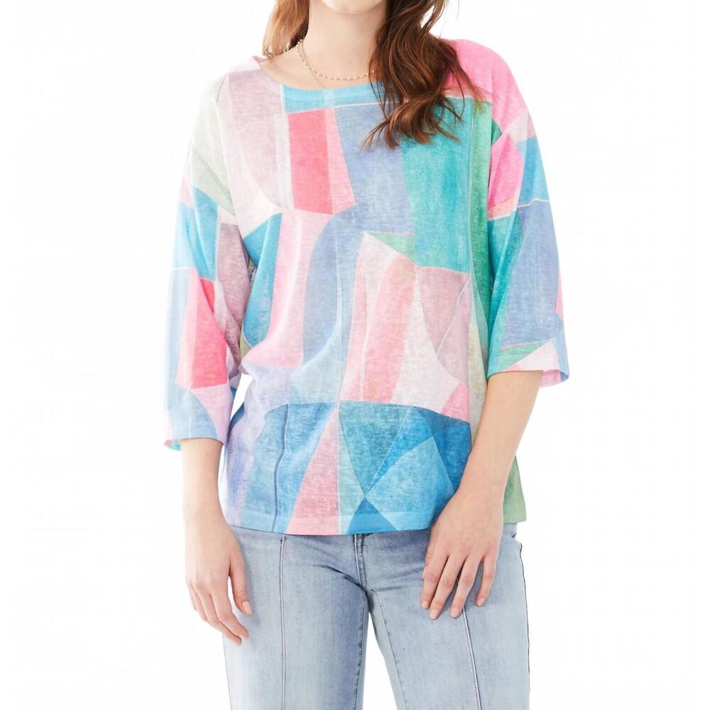 NEW FDJ twila three quarter sleeve drop shoulder jersey top in blue multi